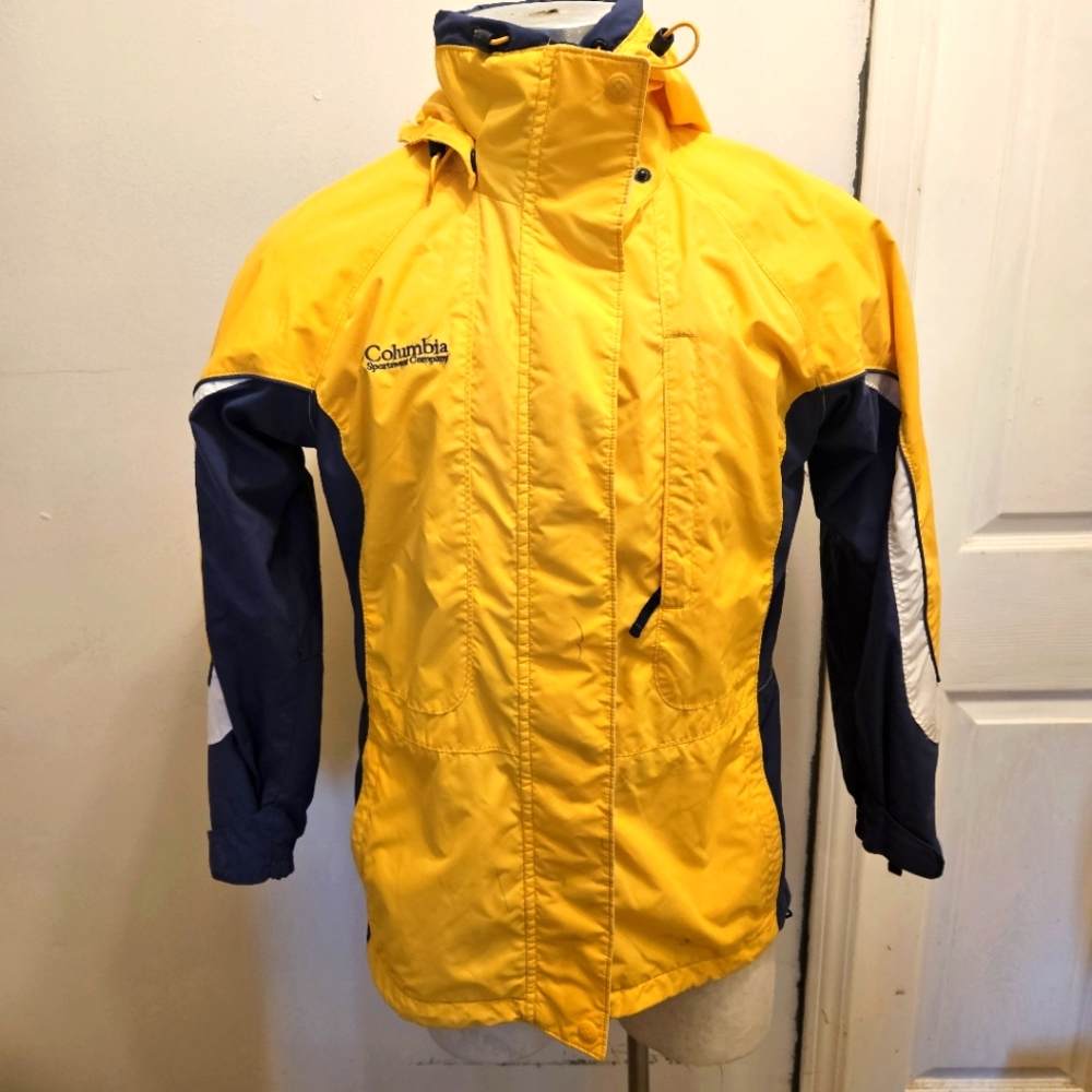 Yellow and Blue Columbia Women's Raincoat with Removable Hood Sz Small